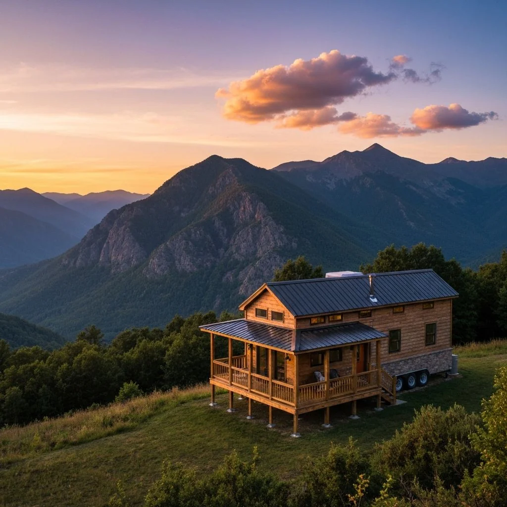 Tiny house at sunset